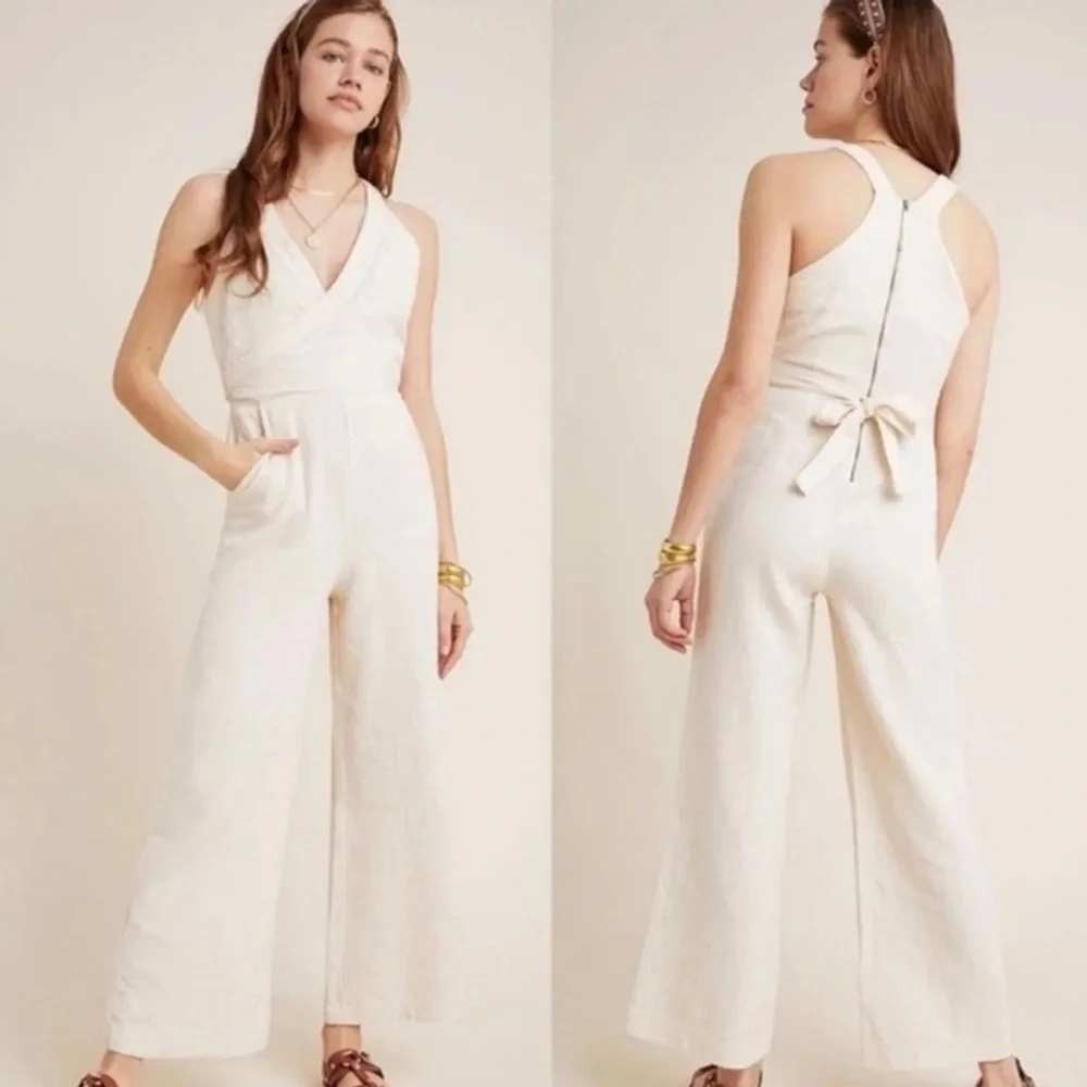 by Anthropologie Demi Textured Gauze Neutral Casual Cream Jumpsuit Pockets - 6